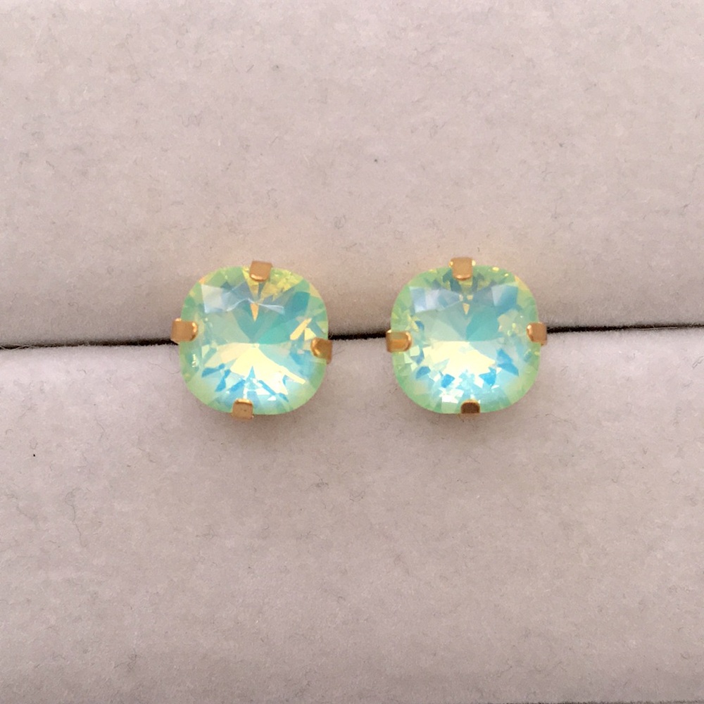 Pacific Opal Aurora Borealis + Gold Cushion Cut Crystal Earrings